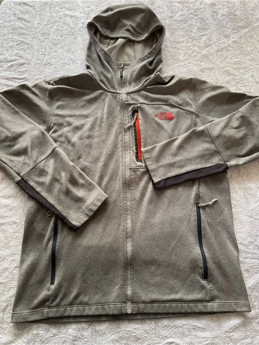 The North Face Men's Hooded Lightweight Jacket in Light Gray with Orange Accents